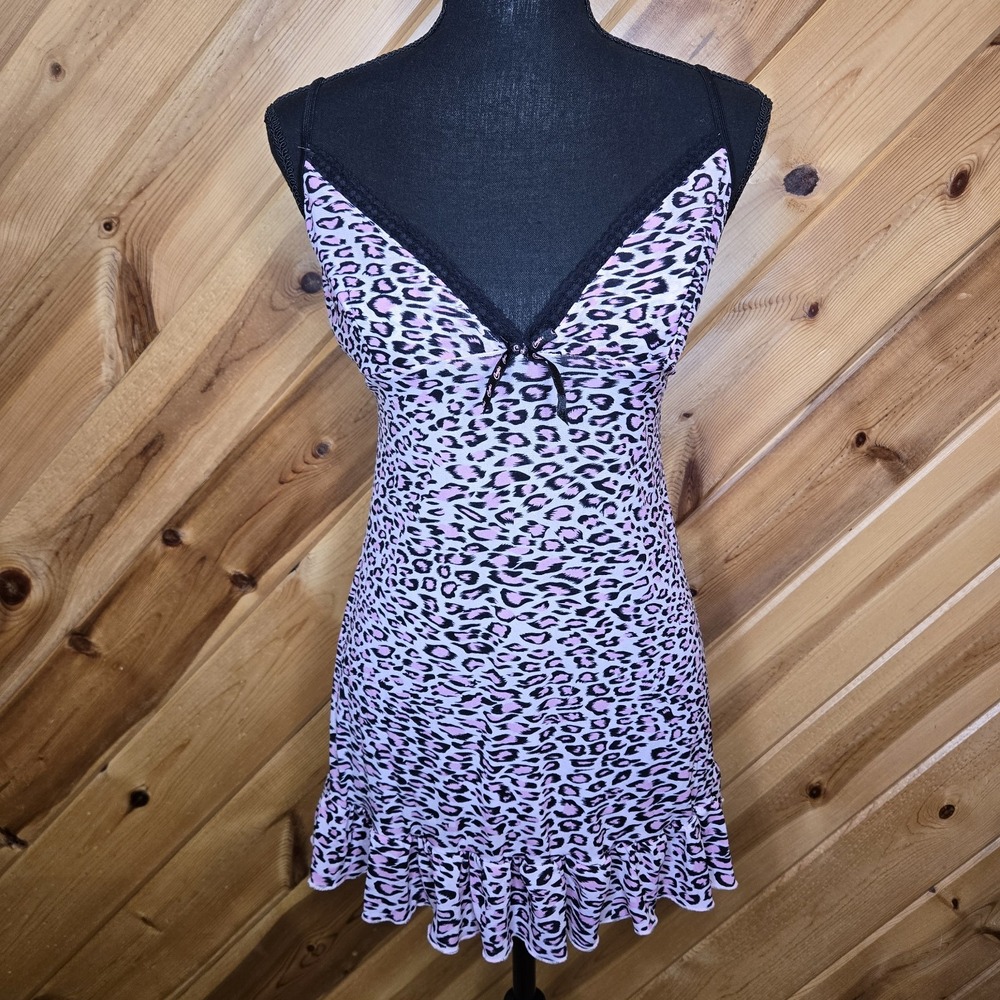 Vtg Y2K Candies Babydoll Cami Intimates Chemise M/L Leopard Pink Stretch Chiffon